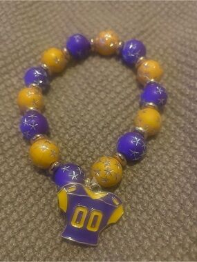 LSU Purple and Yellow Beaded Bracelet with Jersey Charm